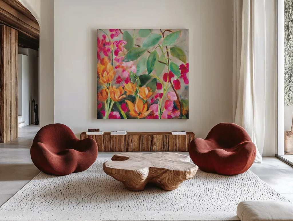 Bouquet for my Rebel Heart by Sue Schlabach. Shown as extra-large giant wall art in a modern living room. Available as an archival giclee rolled canvas, fine art paper, or poster print. SKU 75868a.