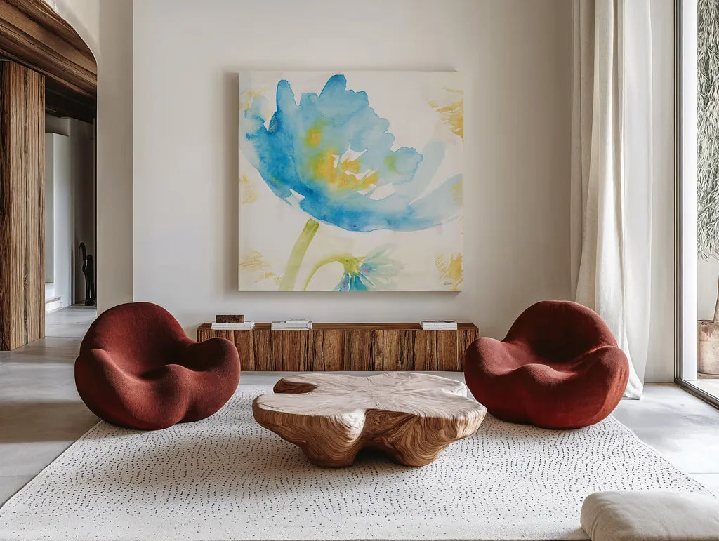 Breeze Bloom II by Sue Schlabach. Shown as extra-large giant wall art in a modern living room. Available as an archival giclee rolled canvas, fine art paper, or poster print. SKU 20857a.