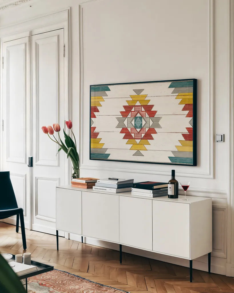 Cabin Life X Neutral v2 by Sue Schlabach. shown as a framed stretched canvas in a living room above a console. Available as a archival giclee rolled canvas, fine art paper, or poster print. SKU 56371i.