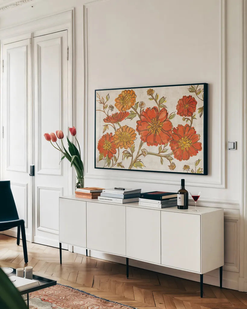 Camilles Garden I Tangerine by Sue Schlabach. shown as a framed stretched canvas in a living room above a console. Available as a archival giclee rolled canvas, fine art paper, or poster print. SKU 36714i.