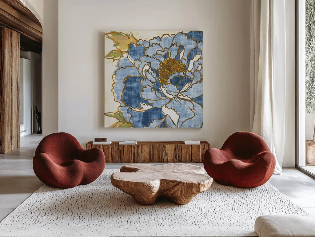 Camilles Peony II Indigo by Sue Schlabach. Shown as extra-large giant wall art in a modern living room. Available as an archival giclee rolled canvas, fine art paper, or poster print. SKU 23971a.
