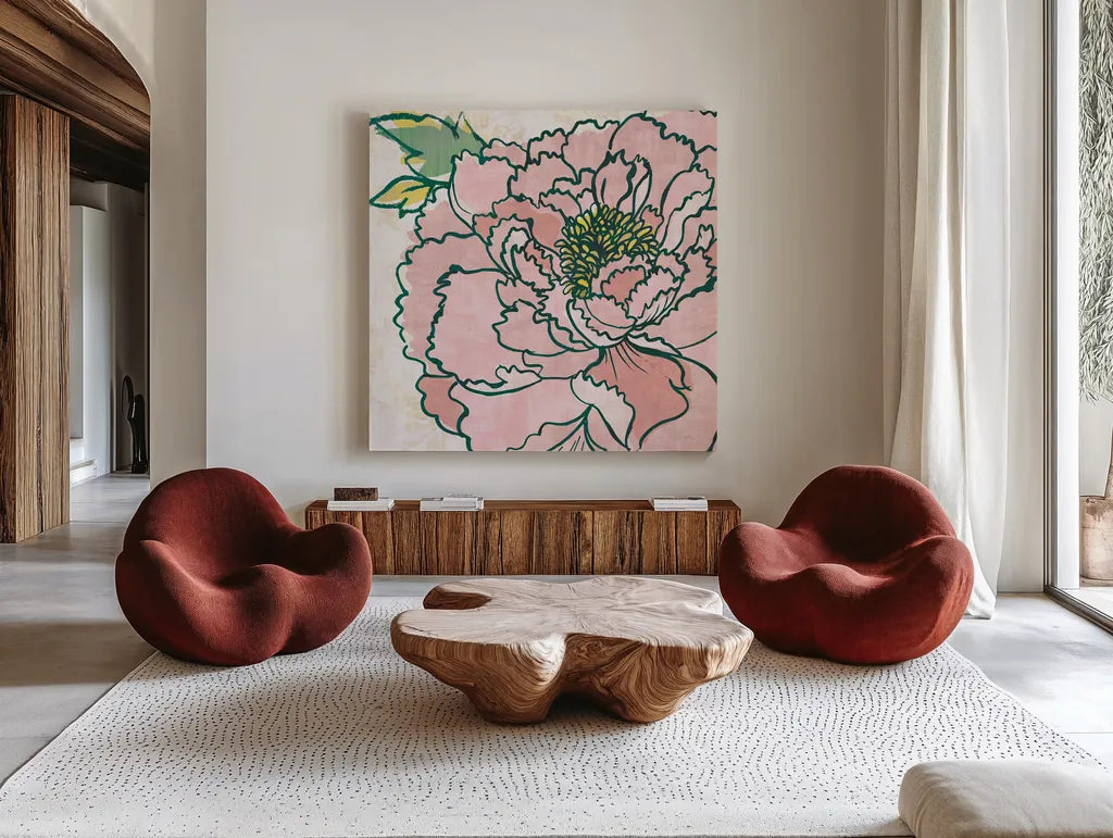 Camilles Peony Pink by Sue Schlabach. Shown as extra-large giant wall art in a modern living room. Available as an archival giclee rolled canvas, fine art paper, or poster print. SKU 55550a.