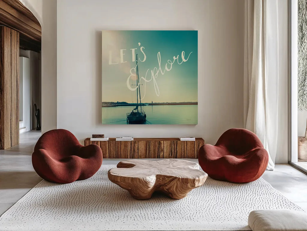 Coastline Sailboat Explore by Sue Schlabach. Shown as extra-large giant wall art in a modern living room. Available as an archival giclee rolled canvas, fine art paper, or poster print. SKU 15251a.