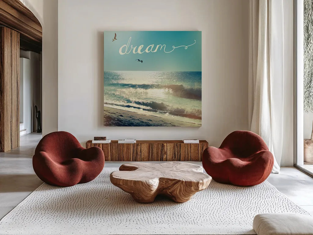 Coastline Waves by Sue Schlabach. Shown as extra-large giant wall art in a modern living room. Available as an archival giclee rolled canvas, fine art paper, or poster print. SKU 14575a.