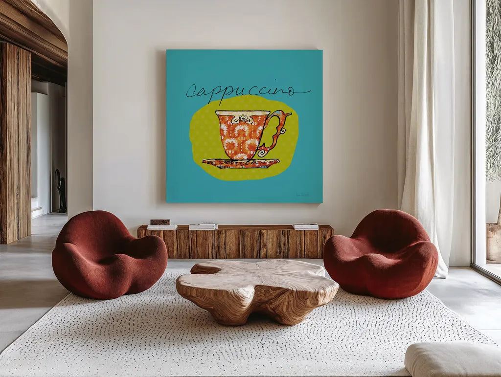Colorful Coffee Cappuccino No Border by Sue Schlabach. Shown as extra-large giant wall art in a modern living room. Available as an archival giclee rolled canvas, fine art paper, or poster print. SKU 44497a.
