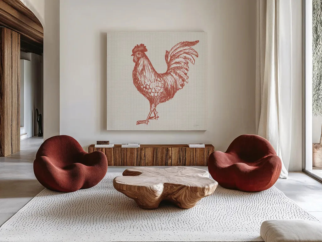 Cottage Rooster IV Red by Sue Schlabach. Shown as extra-large giant wall art in a modern living room. Available as an archival giclee rolled canvas, fine art paper, or poster print. SKU 77419a.