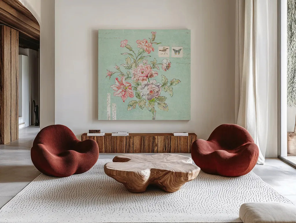 Cottage Roses III Blue by Sue Schlabach. Shown as extra-large giant wall art in a modern living room. Available as an archival giclee rolled canvas, fine art paper, or poster print. SKU 31601a.