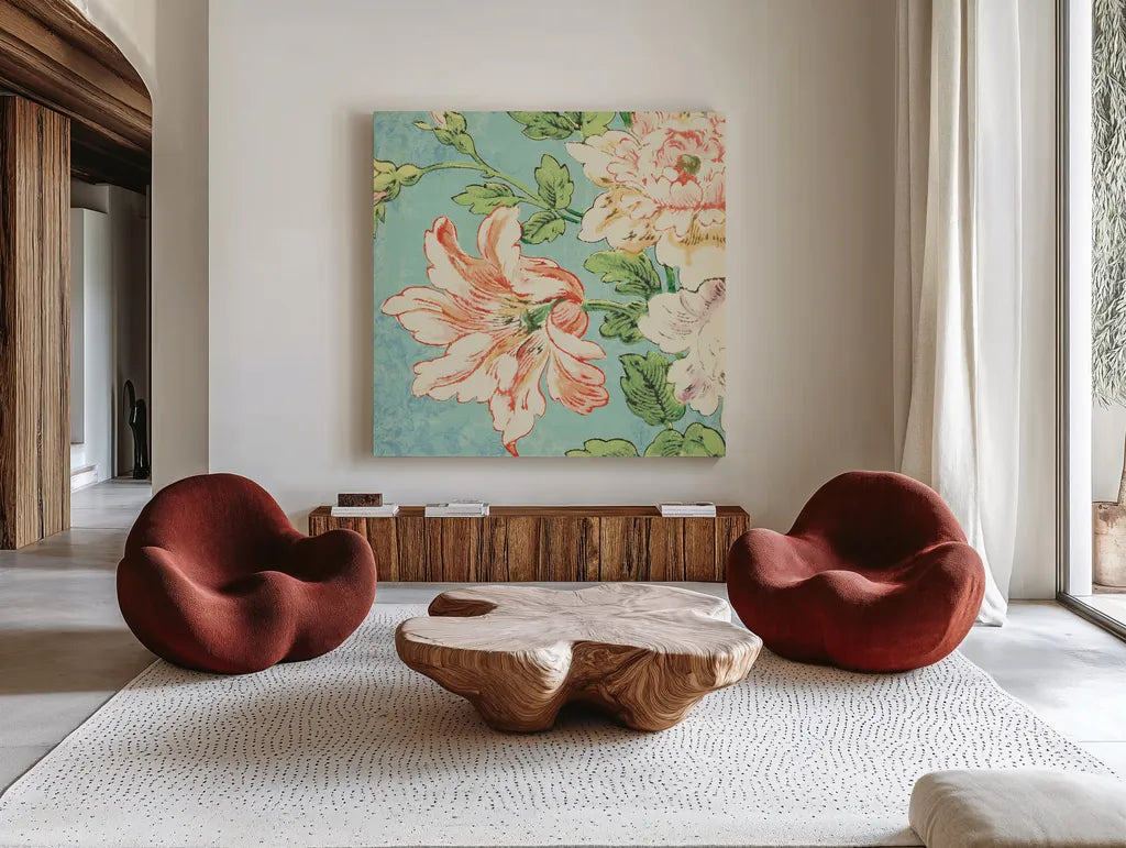 Cottage Roses VII Bright by Sue Schlabach. Shown as extra-large giant wall art in a modern living room. Available as an archival giclee rolled canvas, fine art paper, or poster print. SKU 31605a.
