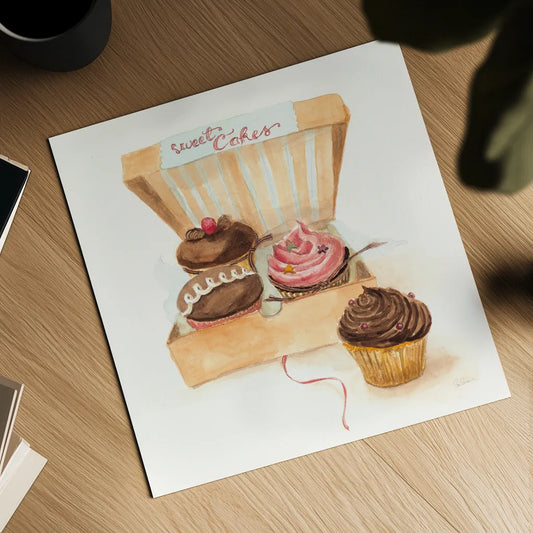 Cupcake Quartet by Sue Schlabach. Shown as a detailed flat fine art print, highlighting archival giclee quality. Available as an archival giclee rolled canvas, fine art paper, or poster print. SKU 9199a.
