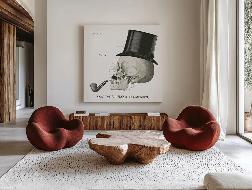 Dandy Bones II by Sue Schlabach. Shown as extra-large giant wall art in a modern living room. Available as an archival giclee rolled canvas, fine art paper, or poster print. SKU 21819a.
