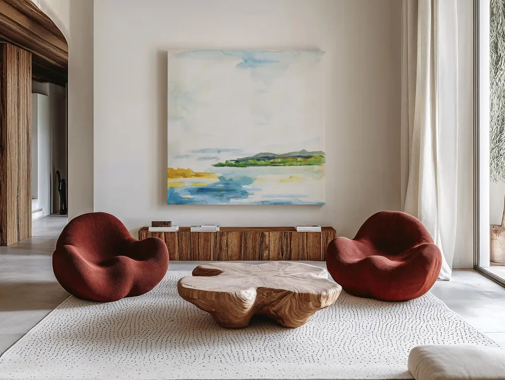Distant Islands by Sue Schlabach. Shown as extra-large giant wall art in a modern living room. Available as an archival giclee rolled canvas, fine art paper, or poster print. SKU 63419a.