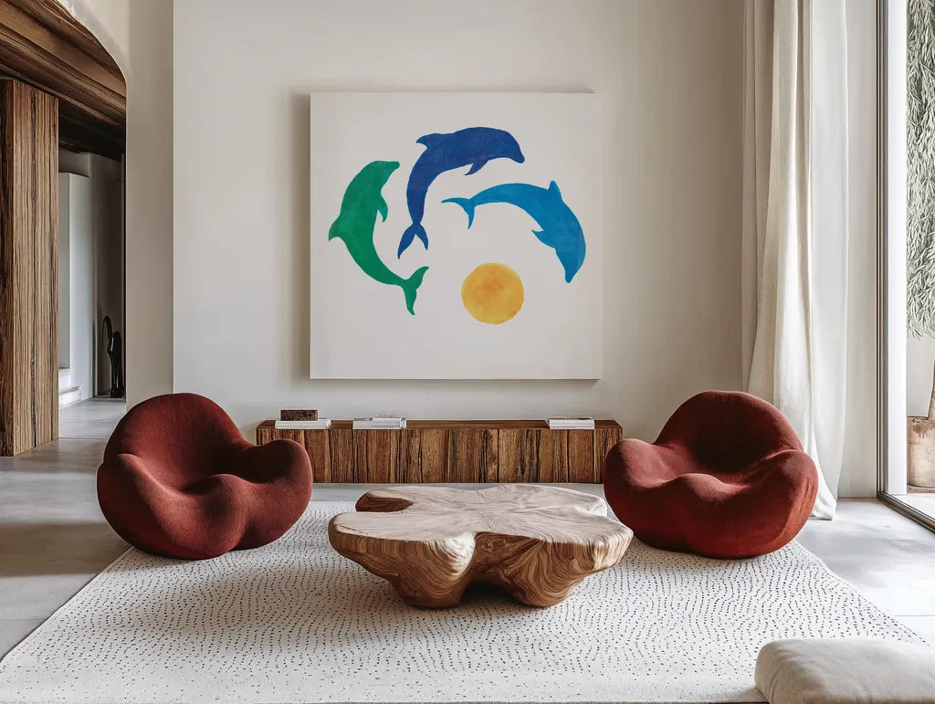 Dolphin Dance by Sue Schlabach. Shown as extra-large giant wall art in a modern living room. Available as an archival giclee rolled canvas, fine art paper, or poster print. SKU 65509a.