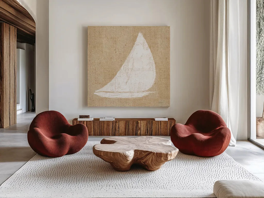 Driftwood Coast I White Burlap by Sue Schlabach. Shown as extra-large giant wall art in a modern living room. Available as an archival giclee rolled canvas, fine art paper, or poster print. SKU 61116a.