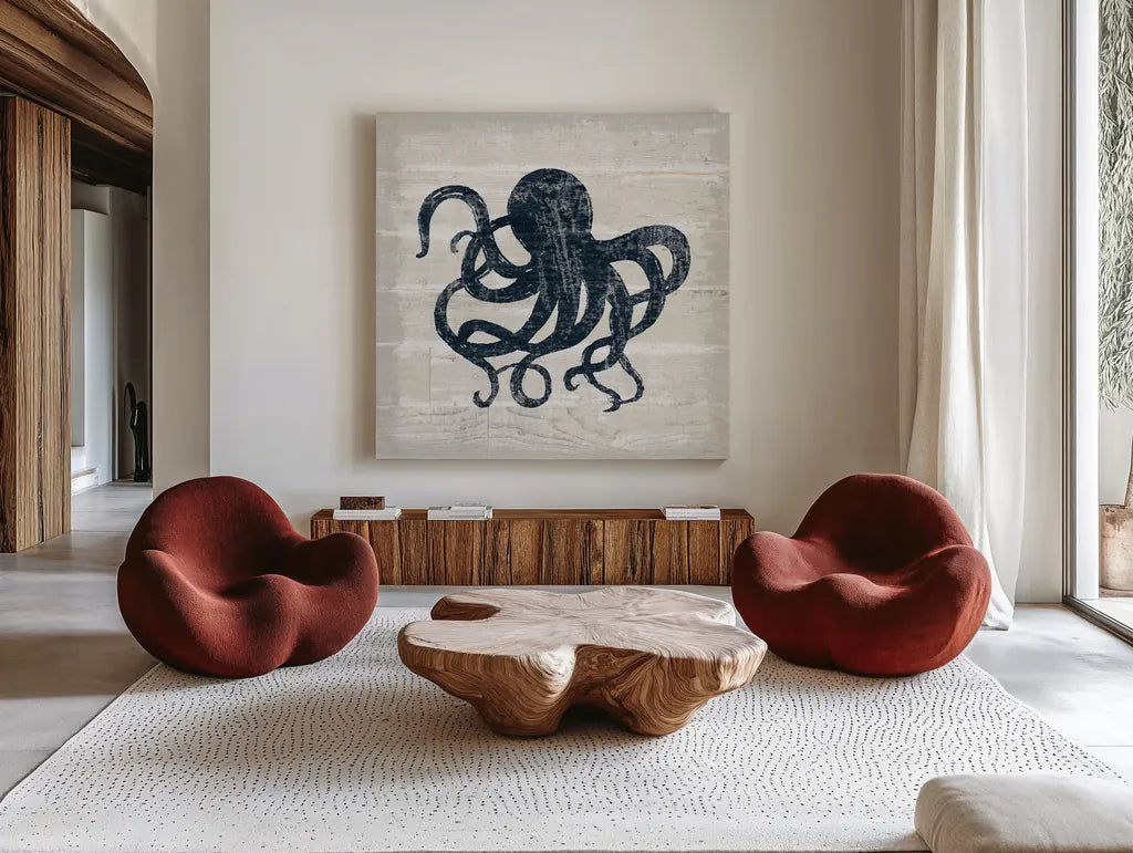 Driftwood Coast IV Blue by Sue Schlabach. Shown as extra-large giant wall art in a modern living room. Available as an archival giclee rolled canvas, fine art paper, or poster print. SKU 62601a.