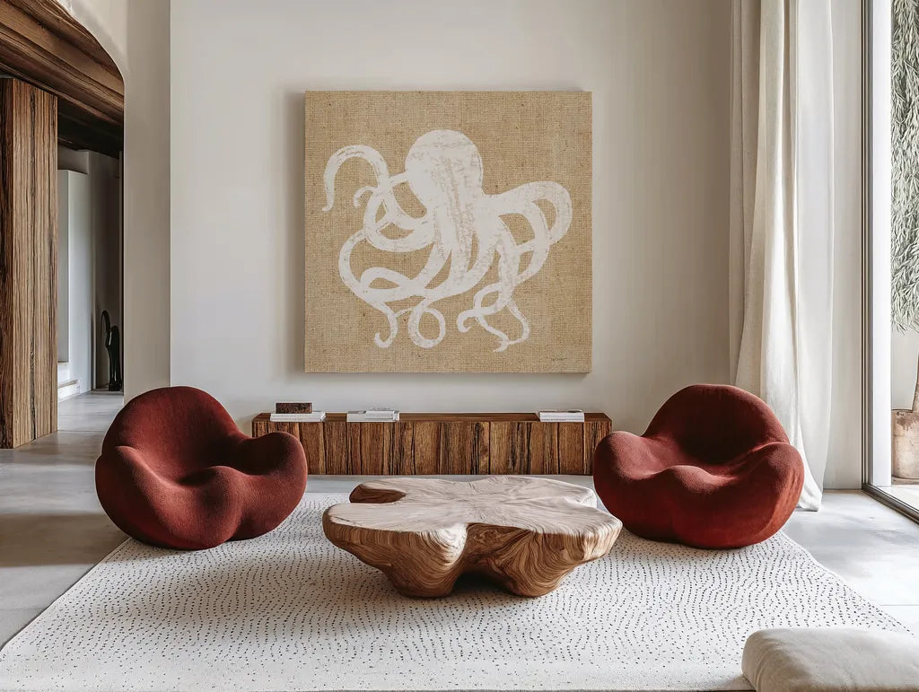 Driftwood Coast IV White Burlap by Sue Schlabach. Shown as extra-large giant wall art in a modern living room. Available as an archival giclee rolled canvas, fine art paper, or poster print. SKU 61119a.