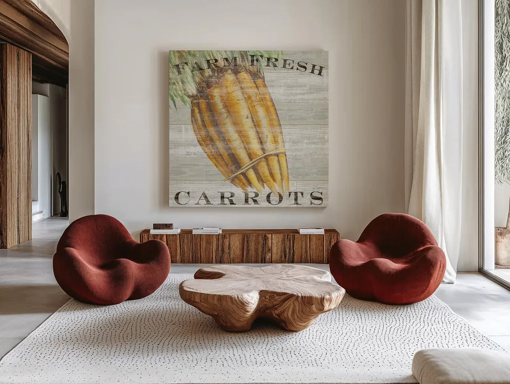 Farm Fresh Carrots by Sue Schlabach. Shown as extra-large giant wall art in a modern living room. Available as an archival giclee rolled canvas, fine art paper, or poster print. SKU 20840a.