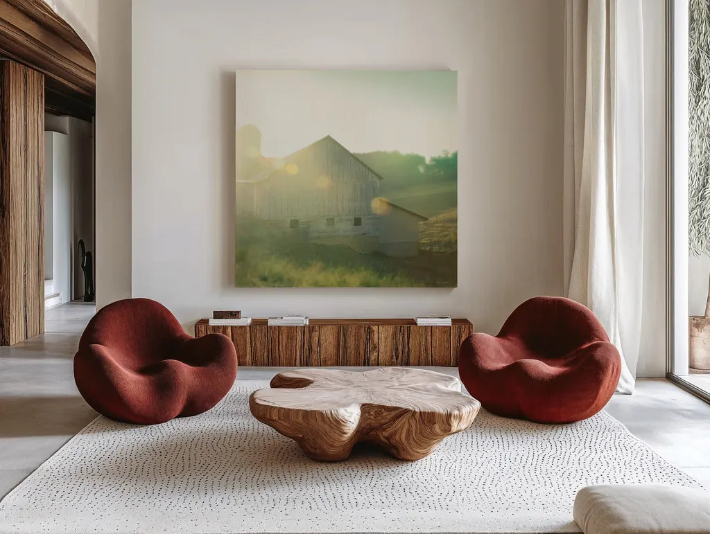 Farm Morning II Square by Sue Schlabach. Shown as extra-large giant wall art in a modern living room. Available as an archival giclee rolled canvas, fine art paper, or poster print. SKU 27057a.
