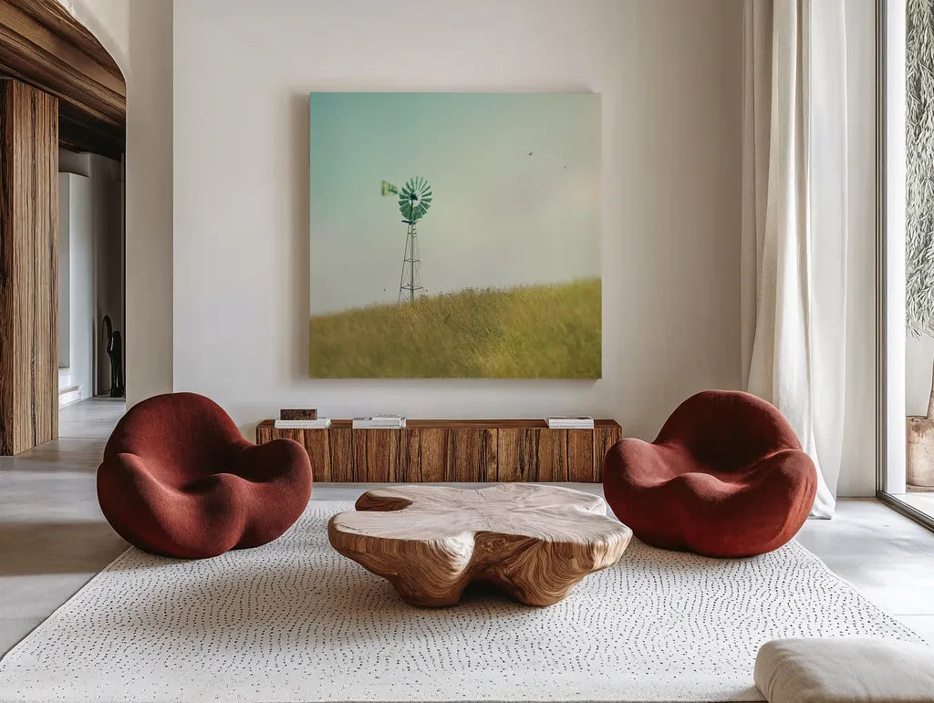 Farm Morning IV Square by Sue Schlabach. Shown as extra-large giant wall art in a modern living room. Available as an archival giclee rolled canvas, fine art paper, or poster print. SKU 27059a.