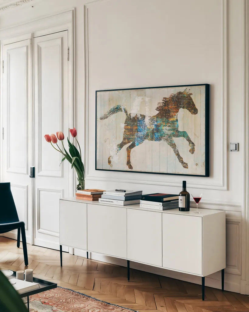 Free Spirit I by Sue Schlabach. shown as a framed stretched canvas in a living room above a console. Available as a archival giclee rolled canvas, fine art paper, or poster print. SKU 36514i.