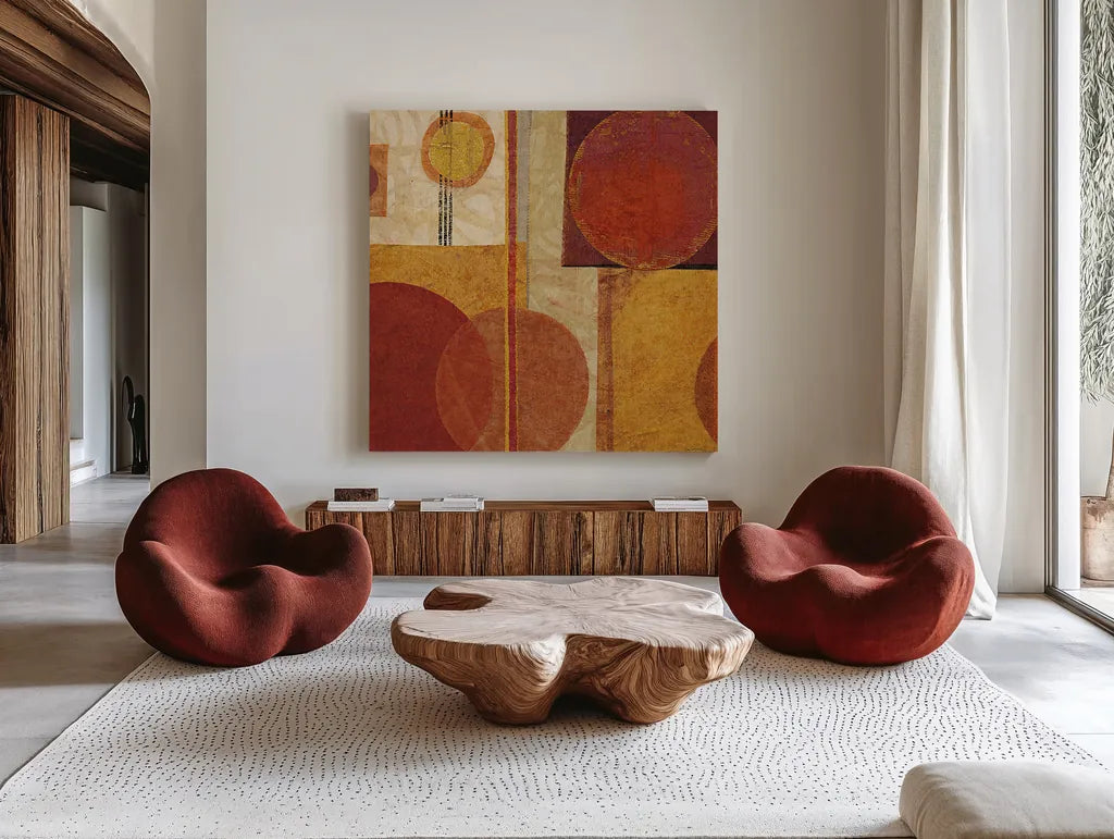 Geo Tea I by Sue Schlabach. Shown as extra-large giant wall art in a modern living room. Available as an archival giclee rolled canvas, fine art paper, or poster print. SKU 4930a.