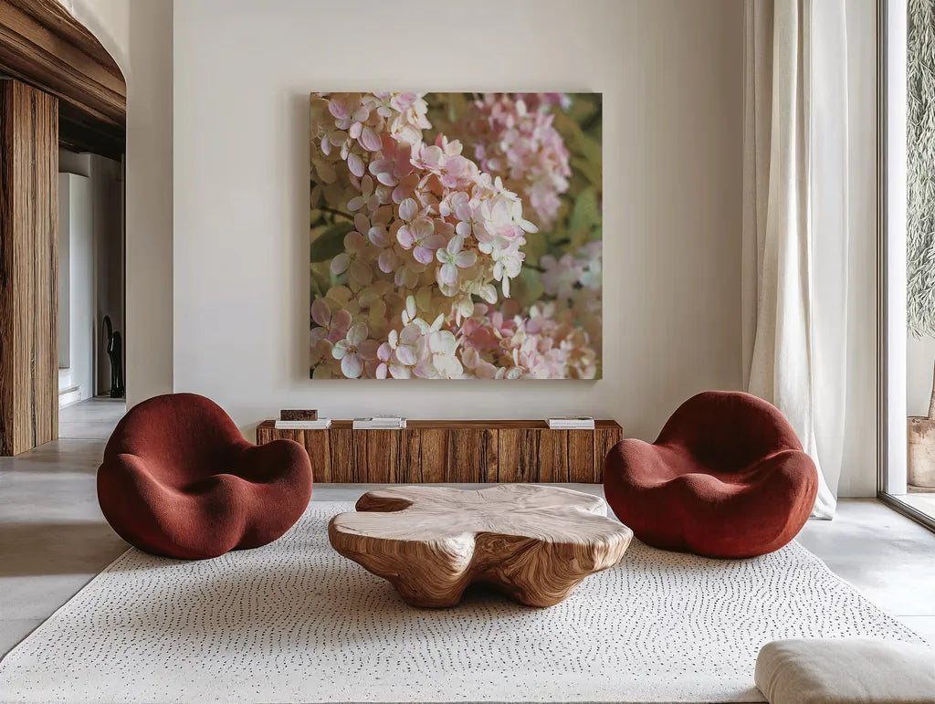 Gilded Hydrangea I Color by Sue Schlabach. Shown as extra-large giant wall art in a modern living room. Available as an archival giclee rolled canvas, fine art paper, or poster print. SKU 34135a.