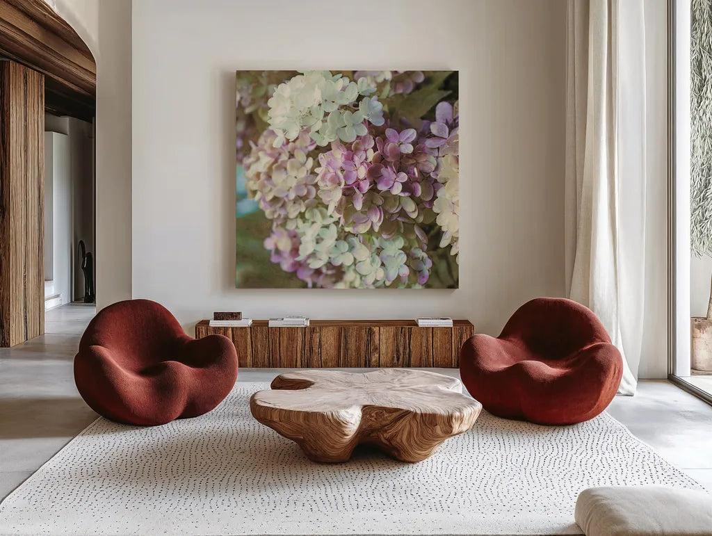 Gilded Hydrangea II Color by Sue Schlabach. Shown as extra-large giant wall art in a modern living room. Available as an archival giclee rolled canvas, fine art paper, or poster print. SKU 34136a.
