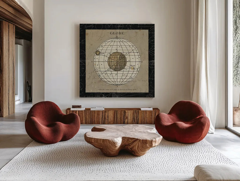 Globe by Sue Schlabach. Shown as extra-large giant wall art in a modern living room. Available as an archival giclee rolled canvas, fine art paper, or poster print. SKU 14757a.