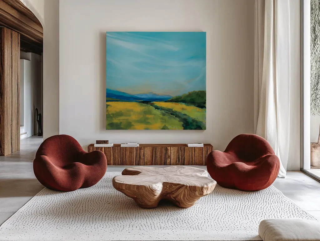 Golden Fields by Sue Schlabach. Shown as extra-large giant wall art in a modern living room. Available as an archival giclee rolled canvas, fine art paper, or poster print. SKU 82699a.