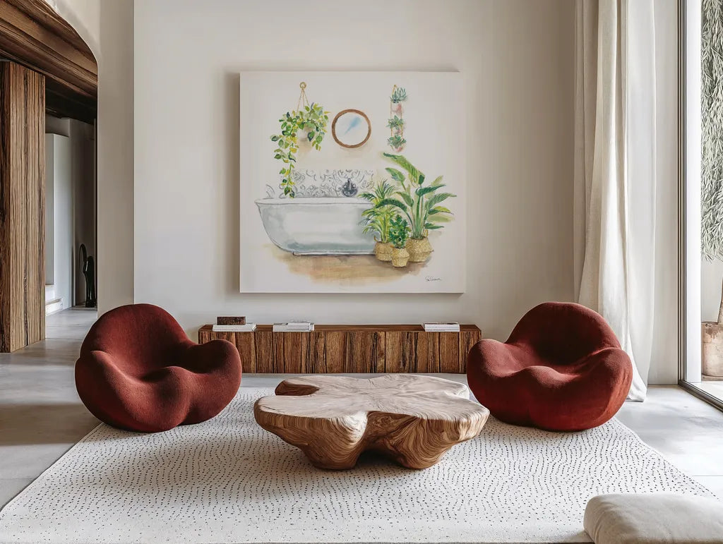Greenery Bath II by Sue Schlabach. Shown as extra-large giant wall art in a modern living room. Available as an archival giclee rolled canvas, fine art paper, or poster print. SKU 57650a.