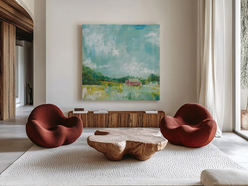 Horizon Farm by Sue Schlabach. Shown as extra-large giant wall art in a modern living room. Available as an archival giclee rolled canvas, fine art paper, or poster print. SKU 35340a.