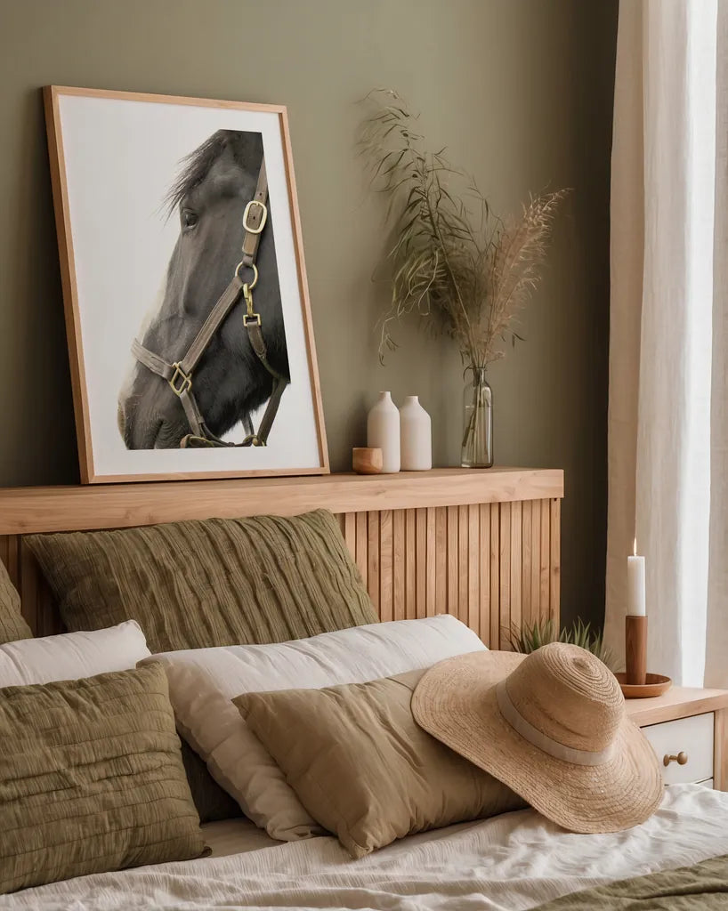 In Halter by Sue Schlabach. shown as a paper print in a natural frame. Available as a archival giclee rolled canvas, fine art paper, or poster print. SKU 58271h.