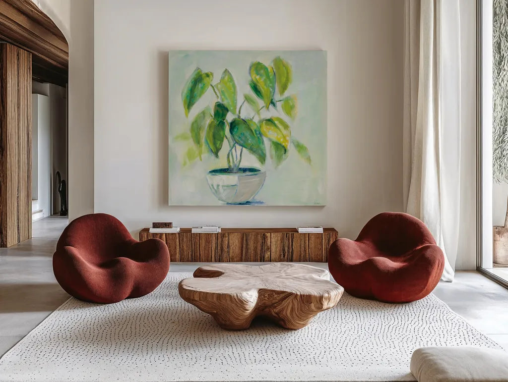 Indoor Happiness Neutral by Sue Schlabach. Shown as extra-large giant wall art in a modern living room. Available as an archival giclee rolled canvas, fine art paper, or poster print. SKU 63063a.