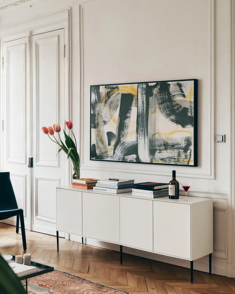 LPs in 33 by Sue Schlabach. shown as a framed stretched canvas in a living room above a console. Available as a archival giclee rolled canvas, fine art paper, or poster print. SKU 30219i.