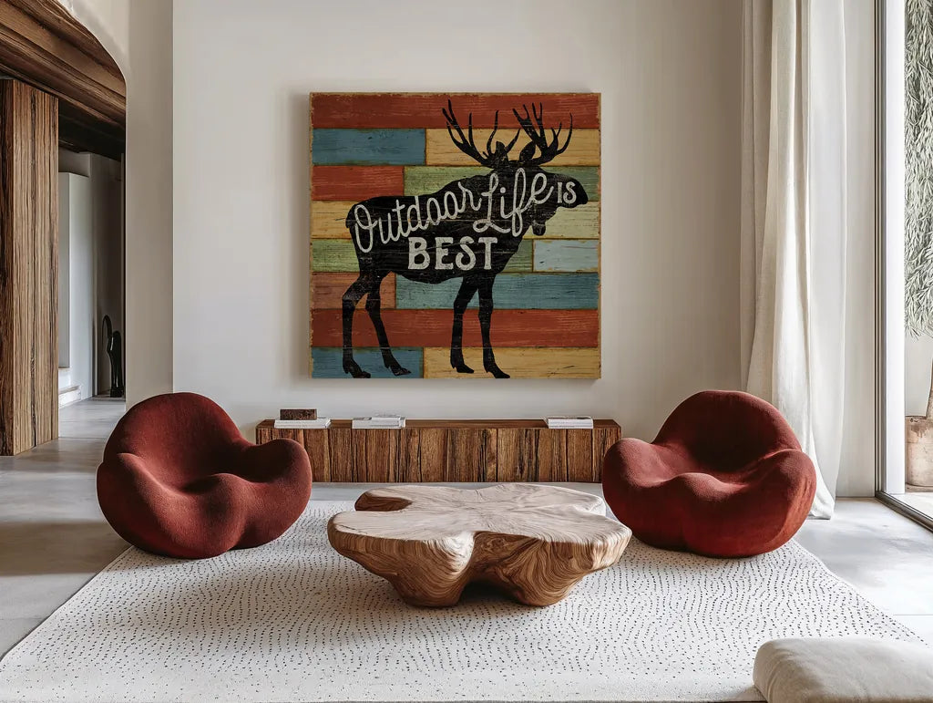 Lake Lodge I by Sue Schlabach. Shown as extra-large giant wall art in a modern living room. Available as an archival giclee rolled canvas, fine art paper, or poster print. SKU 22264a.