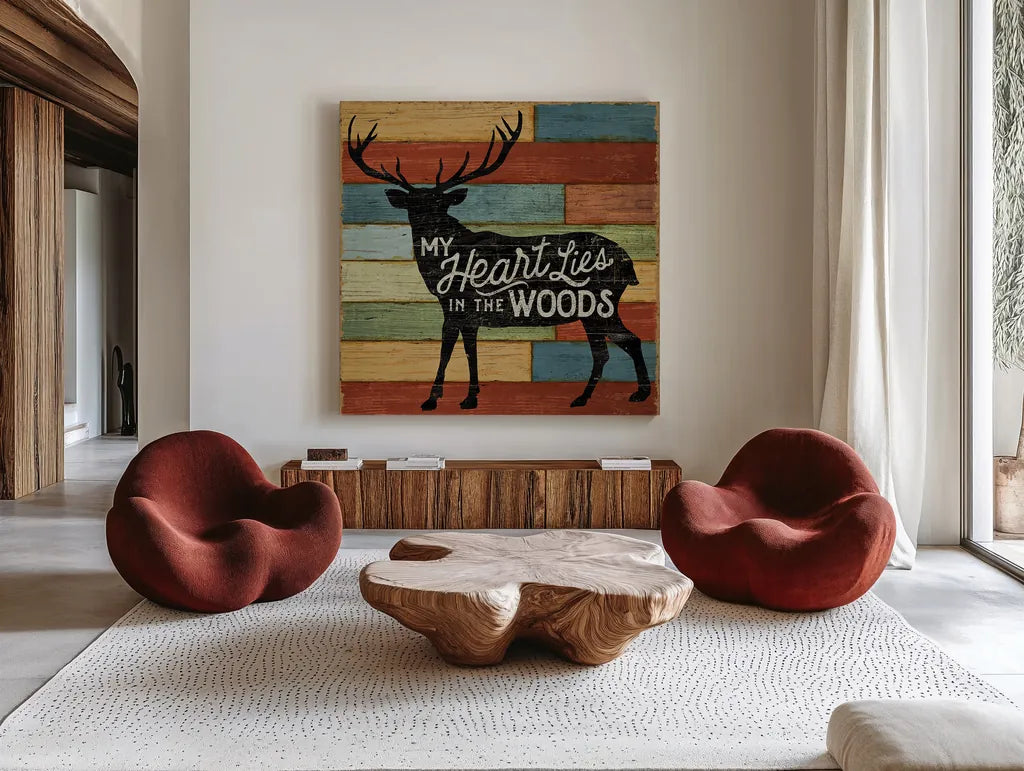 Lake Lodge II by Sue Schlabach. Shown as extra-large giant wall art in a modern living room. Available as an archival giclee rolled canvas, fine art paper, or poster print. SKU 22265a.
