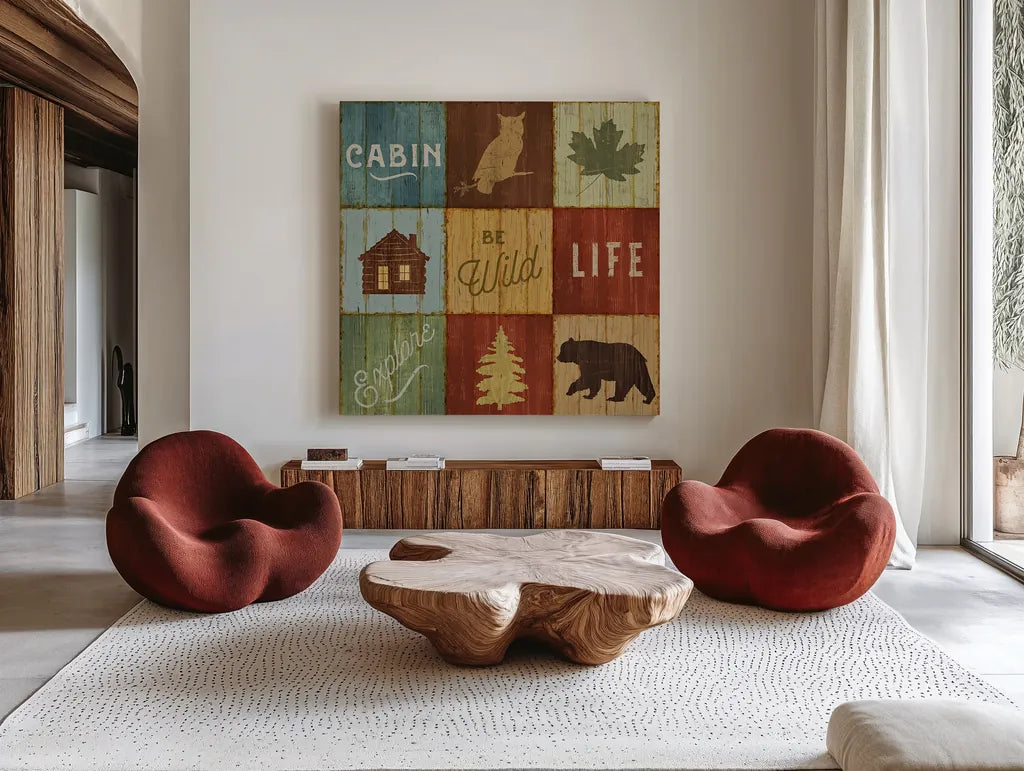 Lake Lodge VIII by Sue Schlabach. Shown as extra-large giant wall art in a modern living room. Available as an archival giclee rolled canvas, fine art paper, or poster print. SKU 22271a.