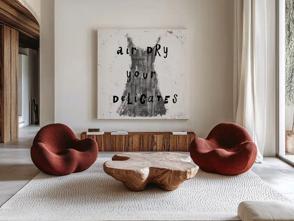 Laundry Rules VI BW by Sue Schlabach. Shown as extra-large giant wall art in a modern living room. Available as an archival giclee rolled canvas, fine art paper, or poster print. SKU 74234a.