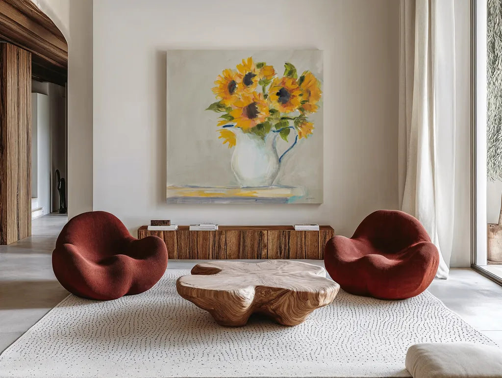 Lotties Sunflowers by Sue Schlabach. Shown as extra-large giant wall art in a modern living room. Available as an archival giclee rolled canvas, fine art paper, or poster print. SKU 68632a.
