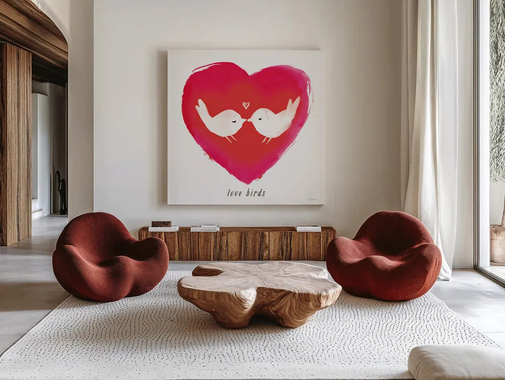 Love Birds by Sue Schlabach. Shown as extra-large giant wall art in a modern living room. Available as an archival giclee rolled canvas, fine art paper, or poster print. SKU 49991a.