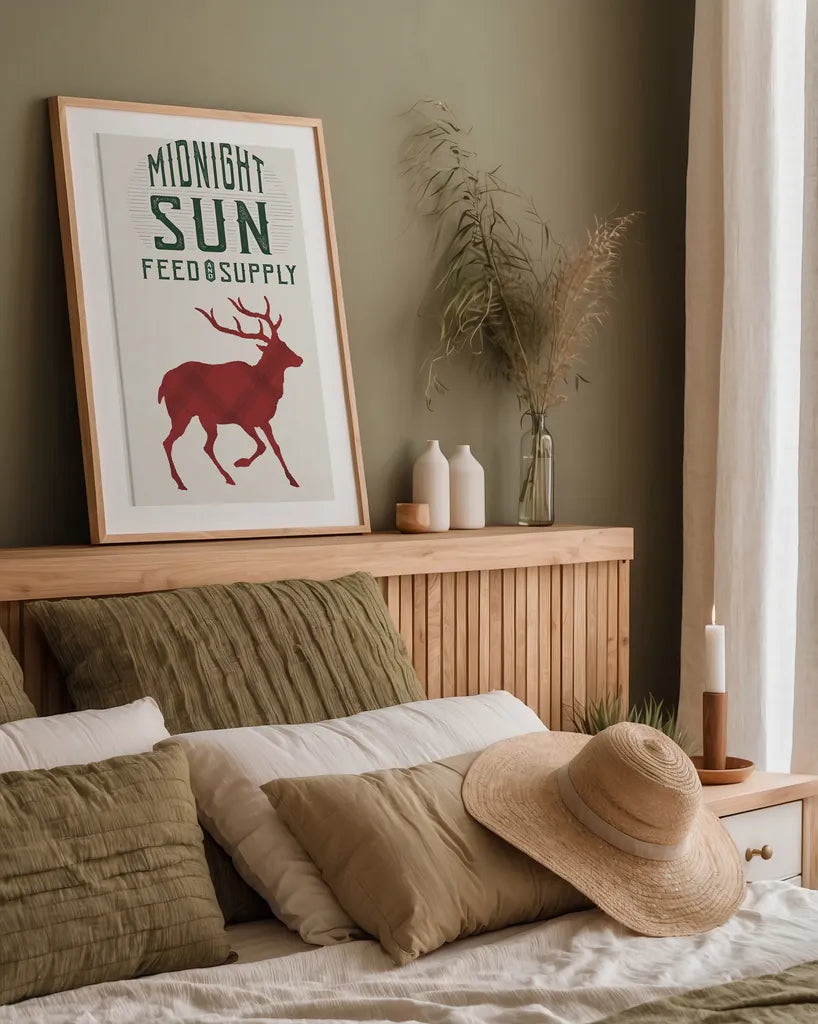Midnight Sun Reindeer Feed v2 by Sue Schlabach. shown as a paper print in a natural frame. Available as a archival giclee rolled canvas, fine art paper, or poster print. SKU 65048h.