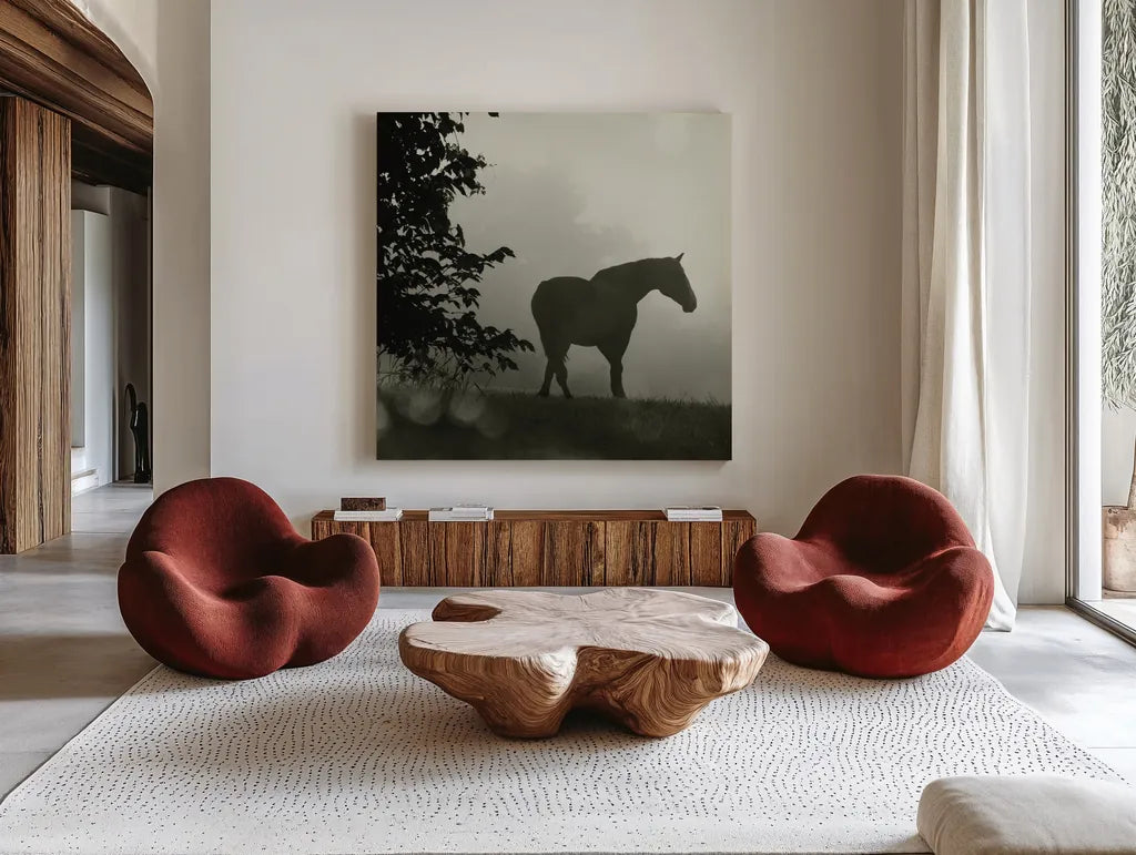 Morning Meadow Horses II by Sue Schlabach. Shown as extra-large giant wall art in a modern living room. Available as an archival giclee rolled canvas, fine art paper, or poster print. SKU 44570a.