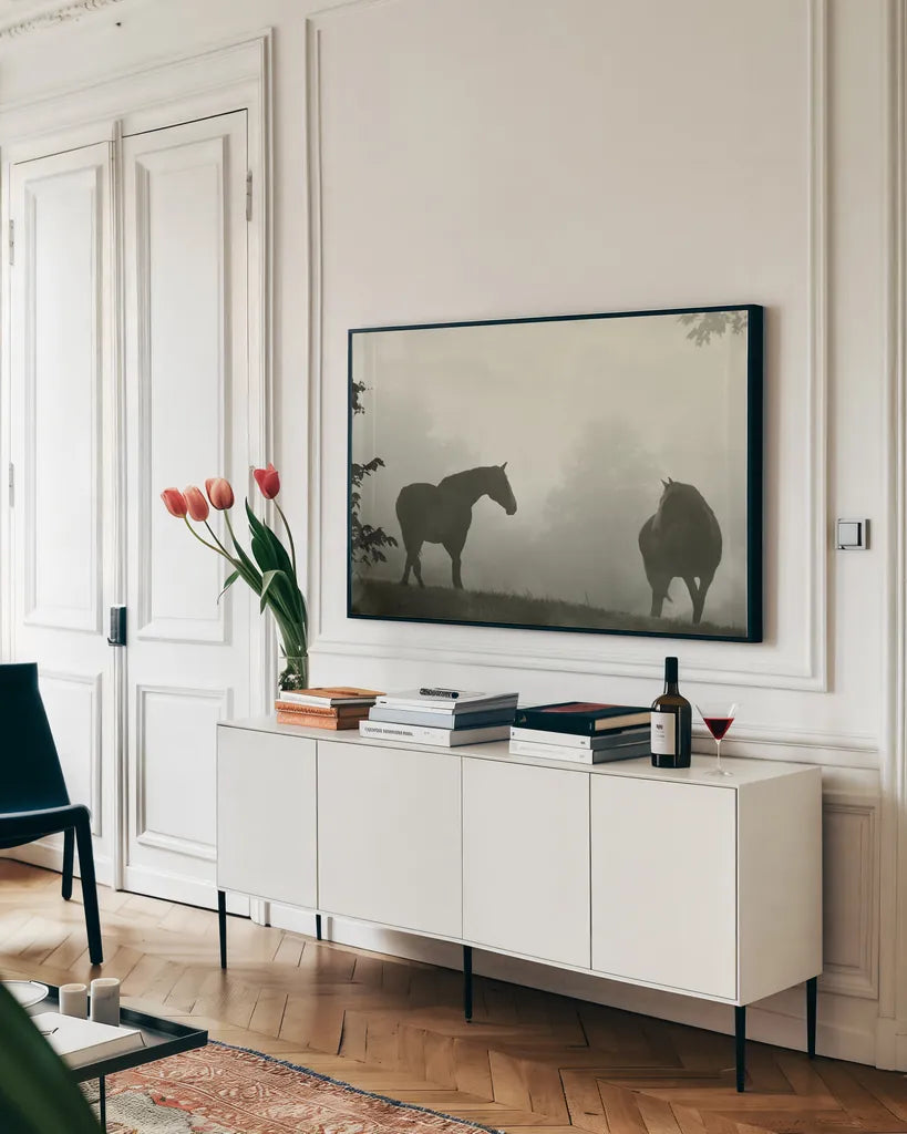 Morning Meadow Horses IV by Sue Schlabach. shown as a framed stretched canvas in a living room above a console. Available as a archival giclee rolled canvas, fine art paper, or poster print. SKU 101288i.