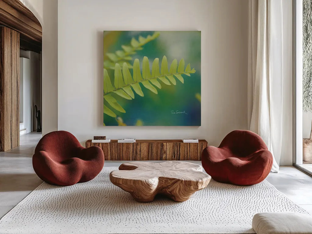Natures Ferns I No Border by Sue Schlabach. Shown as extra-large giant wall art in a modern living room. Available as an archival giclee rolled canvas, fine art paper, or poster print. SKU 10496a.