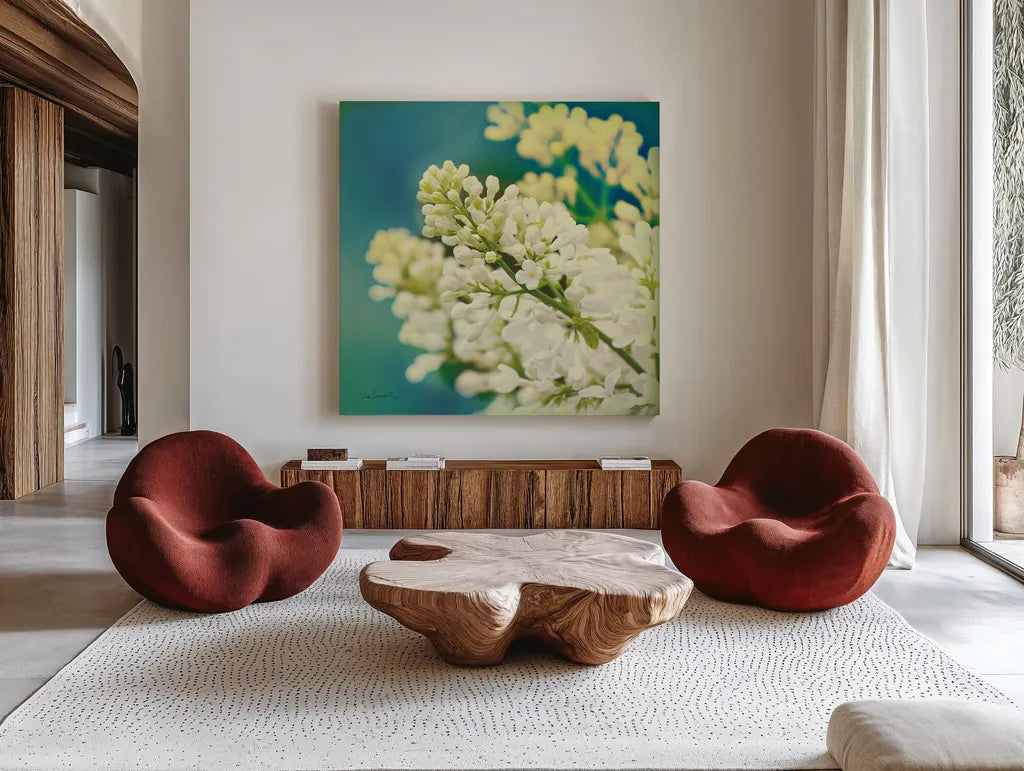 Natures Lilac Blossom by Sue Schlabach. Shown as extra-large giant wall art in a modern living room. Available as an archival giclee rolled canvas, fine art paper, or poster print. SKU 10348a.