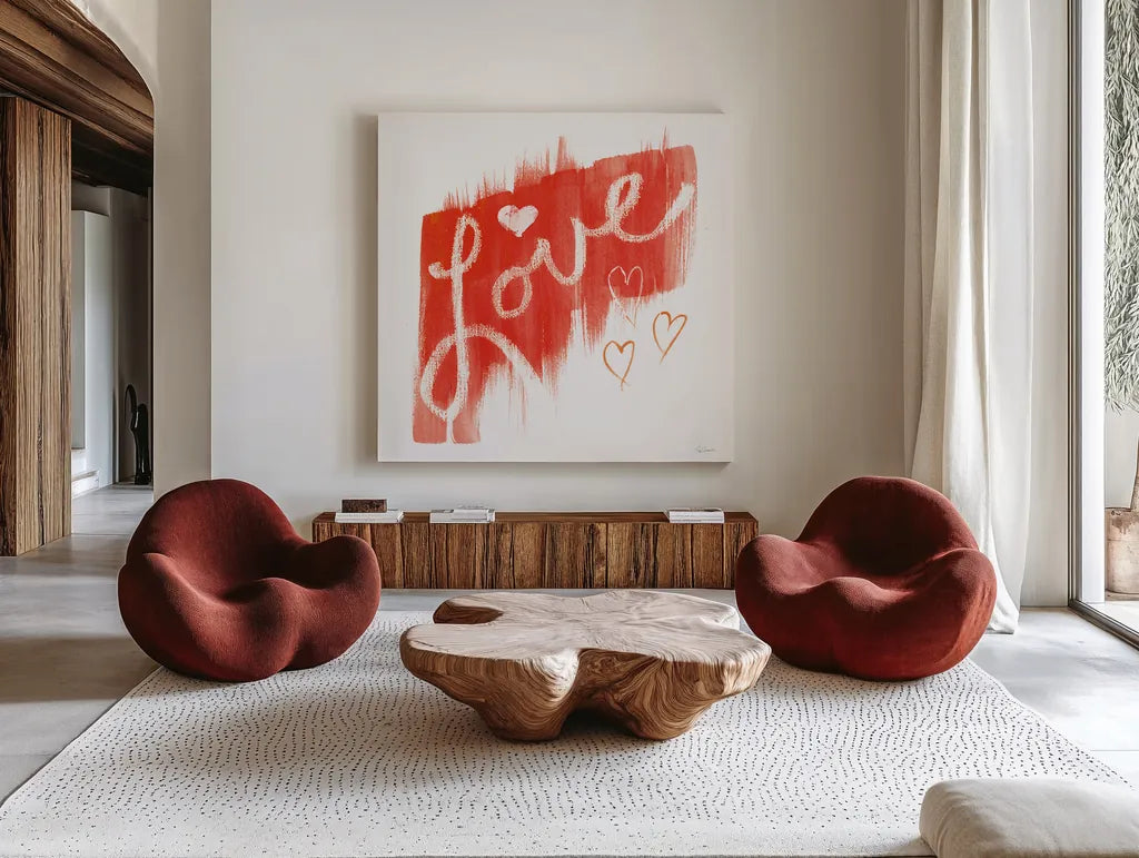 Painted Love by Sue Schlabach. Shown as extra-large giant wall art in a modern living room. Available as an archival giclee rolled canvas, fine art paper, or poster print. SKU 49995a.