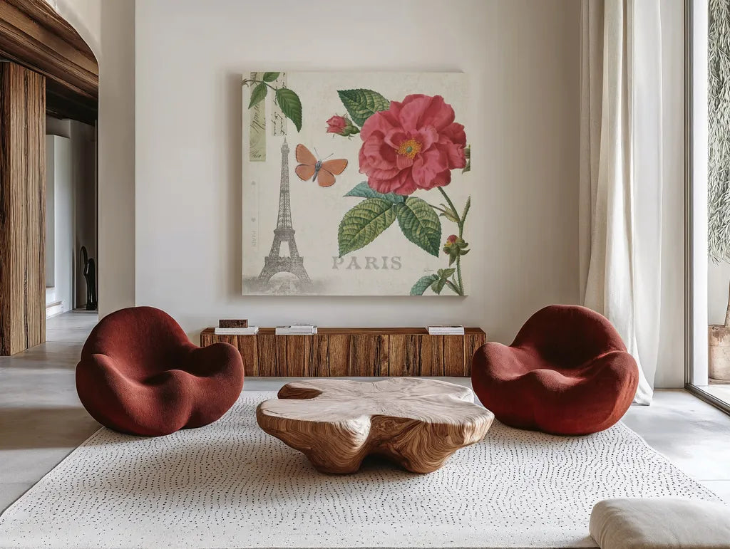 Paris Arbor III by Sue Schlabach. Shown as extra-large giant wall art in a modern living room. Available as an archival giclee rolled canvas, fine art paper, or poster print. SKU 36849a.