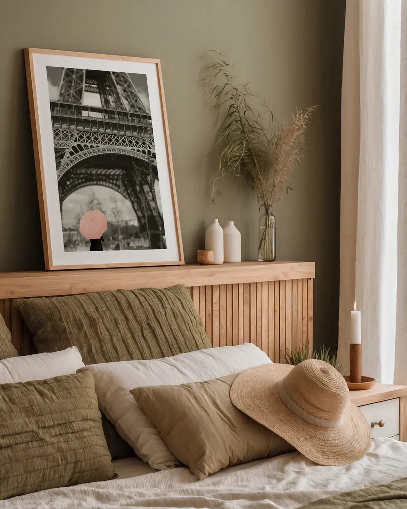 Paris in the Rain II by Sue Schlabach. shown as a paper print in a natural frame. Available as a archival giclee rolled canvas, fine art paper, or poster print. SKU 41084h.