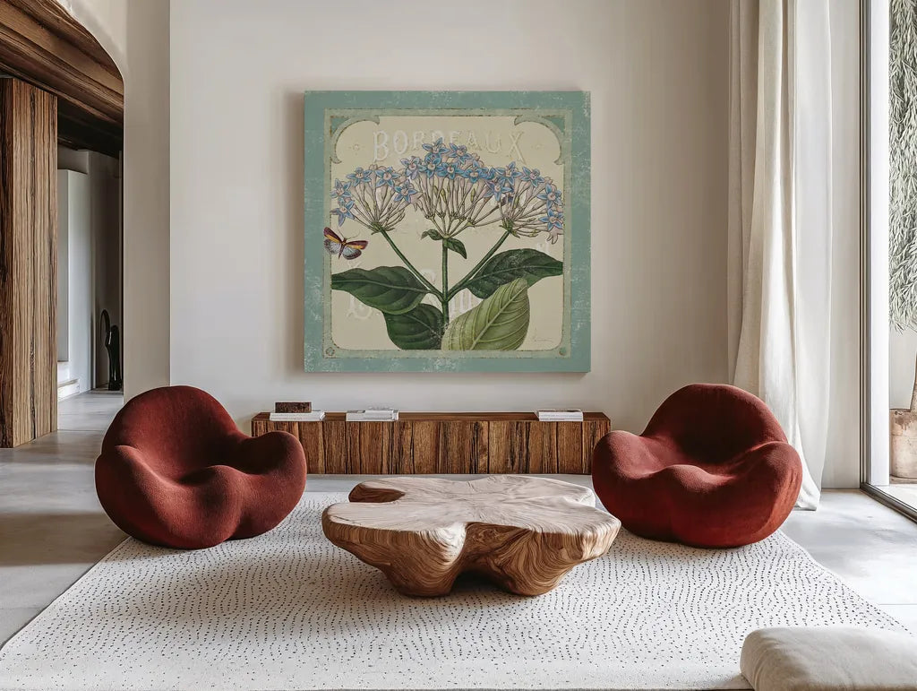 Parisian Flowers I by Sue Schlabach. Shown as extra-large giant wall art in a modern living room. Available as an archival giclee rolled canvas, fine art paper, or poster print. SKU 9079a.