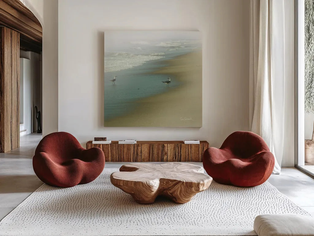 Seabirds no Border by Sue Schlabach. Shown as extra-large giant wall art in a modern living room. Available as an archival giclee rolled canvas, fine art paper, or poster print. SKU 10607a.