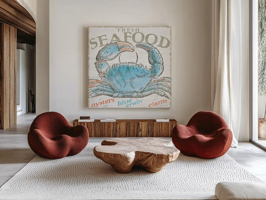 Seaside Life II by Sue Schlabach. Shown as extra-large giant wall art in a modern living room. Available as an archival giclee rolled canvas, fine art paper, or poster print. SKU 24959a.